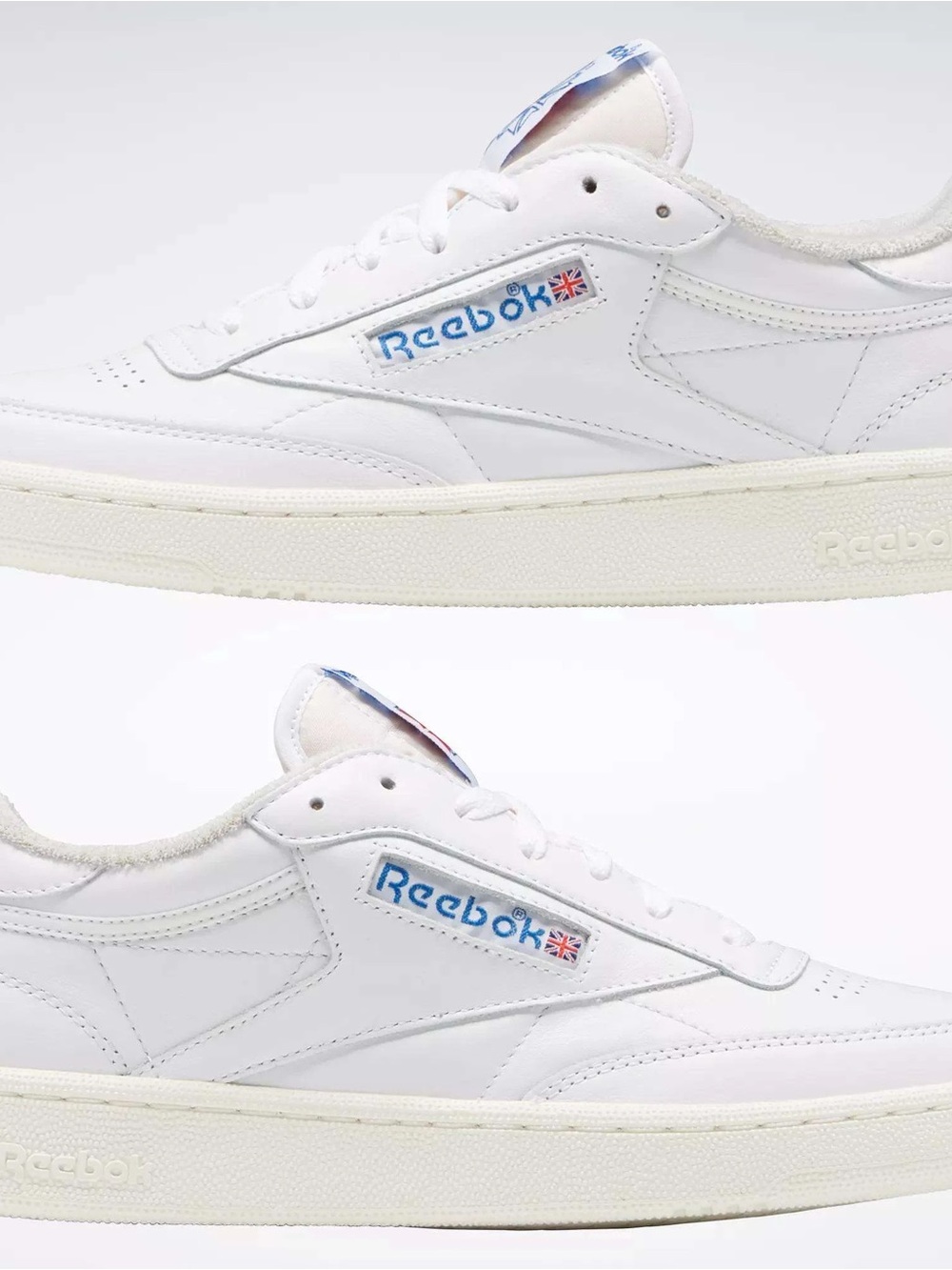 Reebok Men’s Club C 85 White/Cream Leather Sneakers with Blue Logo